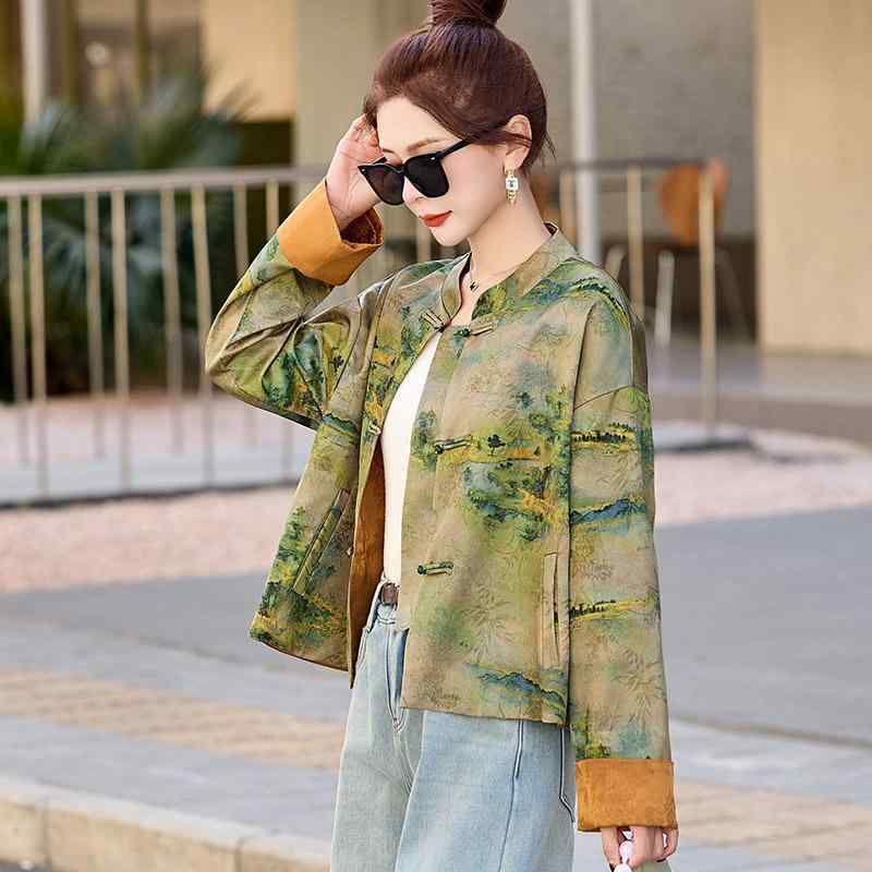 ジャケット レディース 唐装風 ポリエステル プリント ポロネック スリム 中国風 ミディアム丈 アウター エレガント 通勤 S M L XL