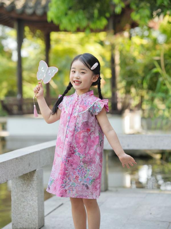 ワンピース ガールズ 子供服 チャイナドレス チュール レース 花柄 夏物 半袖 プリンセススタイル 90 100 110 120 130 140cm(x3)