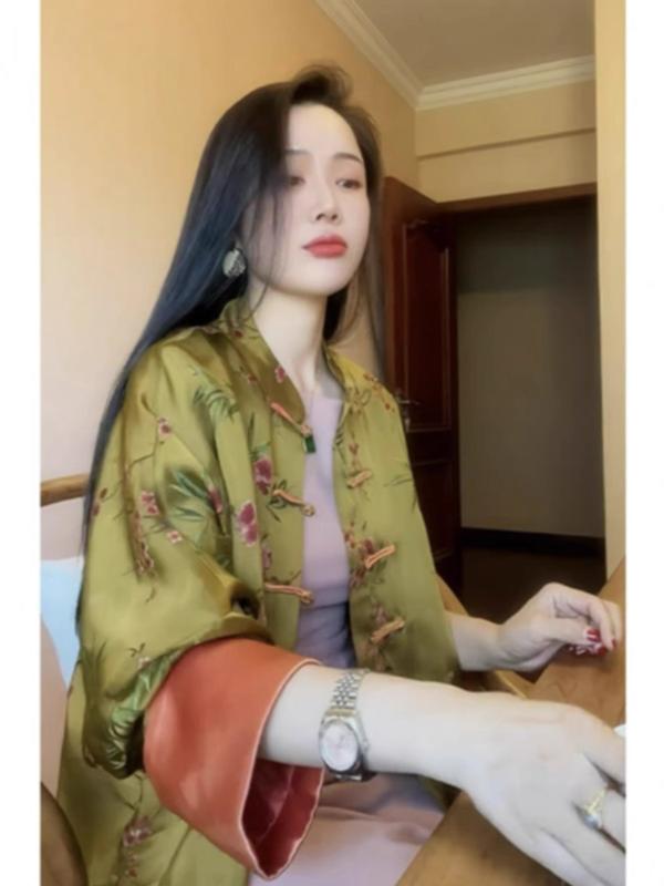 唐装 レディース チャイナ風 ジャケット ポリエステル エレガント トップス 長袖 アウター 春秋 緑