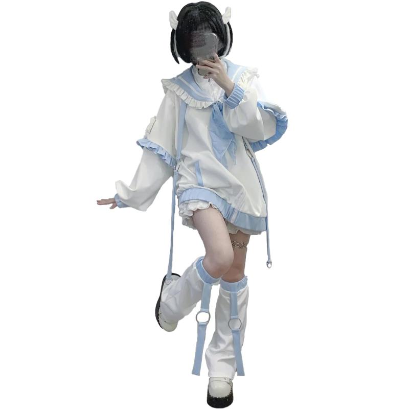 [] 水色系統 2点セット 天使界隈 地雷系 セットアップ ジップアップ パーカー レッグウォーマー レディ..