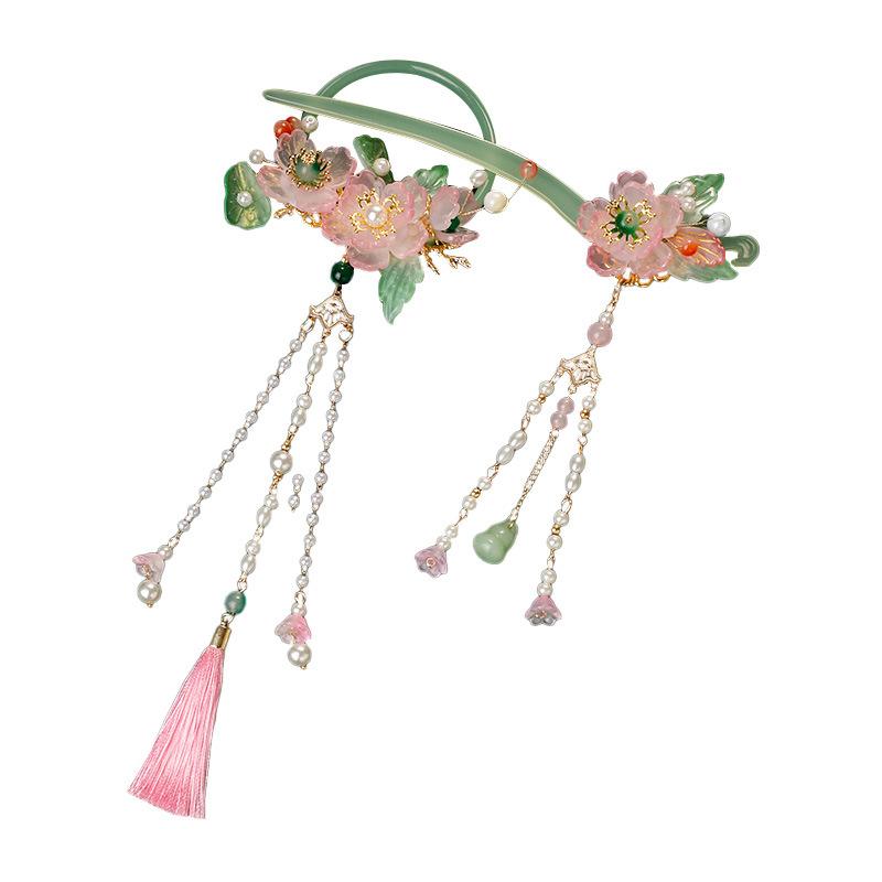 楽天office matsudaヘアアクセサリー キッズ 古風 花 パール タッセル 髪飾り 女の子 チャイナドレス 和風 ヘアピン ヘアコーム 馬面スカート 民族風 エスニック