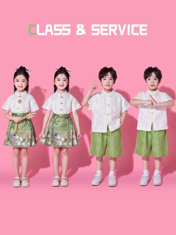 キッズ衣装 男の子 女の子 新中華風 漢服 セットアップ 発表会 朗読会 合唱 団体服 ユニフォーム ステージ衣装 舞台服 ポリエステル 柔らか素材 馬面スカート