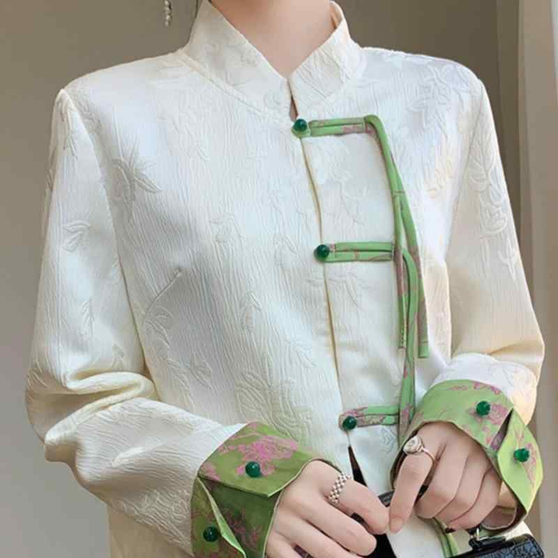 ジャケット レディース 春夏 アセテート素材 新中式 レトロ 配色切り替え チャイナボタン スタンドカラー 長袖 ブレザー 高級感 エレガント オフィス カジュアル 着回し