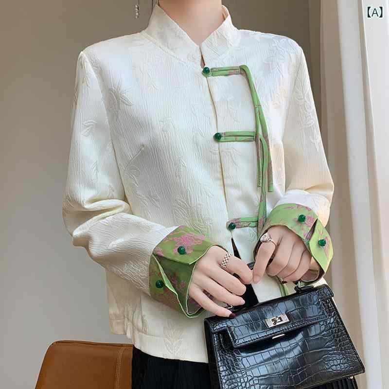 ジャケット レディース 春夏 アセテート素材 新中式 レトロ 配色切り替え チャイナボタン スタンドカラー 長袖 ブレザー 高級感 エレガント オフィス カジュアル 着回し