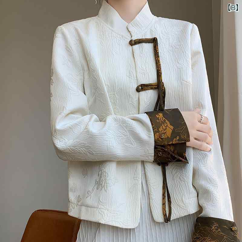 ジャケット レディース 春夏 アセテート素材 新中式 レトロ 配色切り替え チャイナボタン スタンドカラー 長袖 ブレザー 高級感 エレガント オフィス カジュアル 着回し