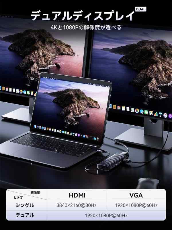 ドッキングステーション 2画面出力 - 9in1 USB-C ハブ PD急速充電 4K HDMIポート 1080P VGAポート 5Gbps高速データ転送 USB2.0 & USB3.0ポート MicroSD/SDカードスロット付き 3.5mm