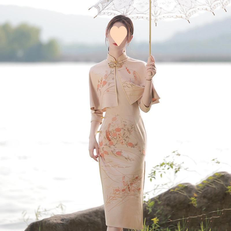 チャイナドレス レディース 春 秋 2点セット スエード調 ロングワンピース ショール エレガント レトロ..