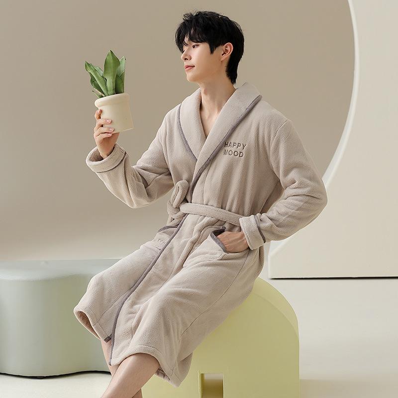 バスローブ メンズ 男性用 秋冬 厚手 裏起毛 フランネル サンゴマイヤー 保温性 暖かい 高級感 ミドル丈 シンプル 快適 部屋着 パジャマ ルームウェア 襟付き