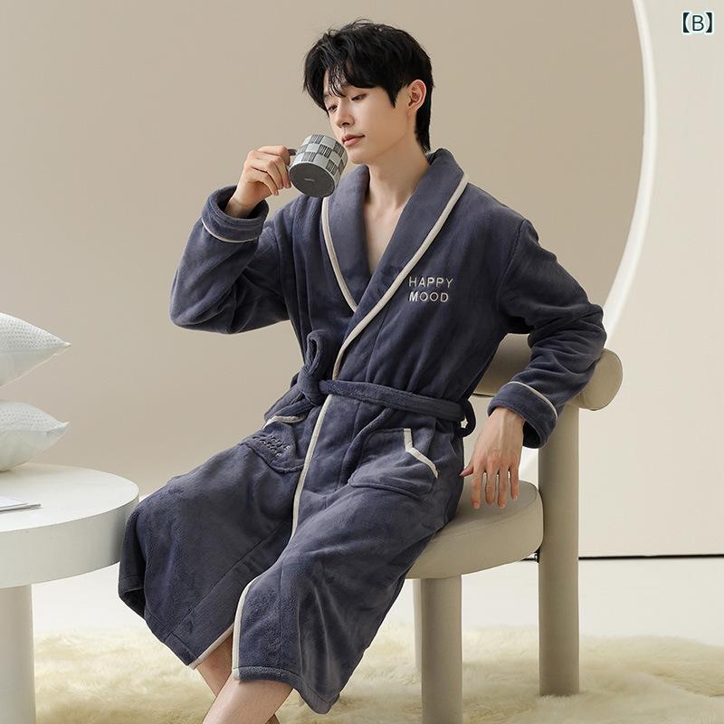 バスローブ メンズ 男性用 秋冬 厚手 裏起毛 フランネル サンゴマイヤー 保温性 暖かい 高級感 ミドル丈 シンプル 快適 部屋着 パジャマ ルームウェア 襟付き