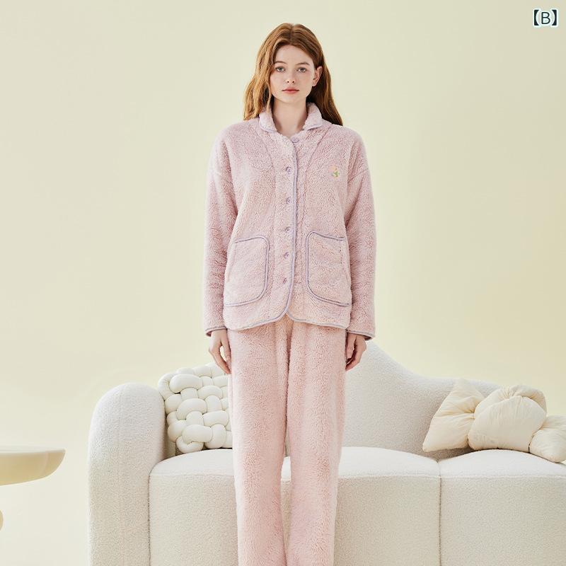 office matsudaのパジャマ レディース サンゴフリース フランネル 厚手 極厚 保温 あったか もこもこ ふわふわ 快適 肌触り良い ストレッチ ゆったり ルームウェア 上下セット 長袖 長ズボン スタンドカラー 部屋着 外出着 ワンマイルウェア 秋冬｜アングル3