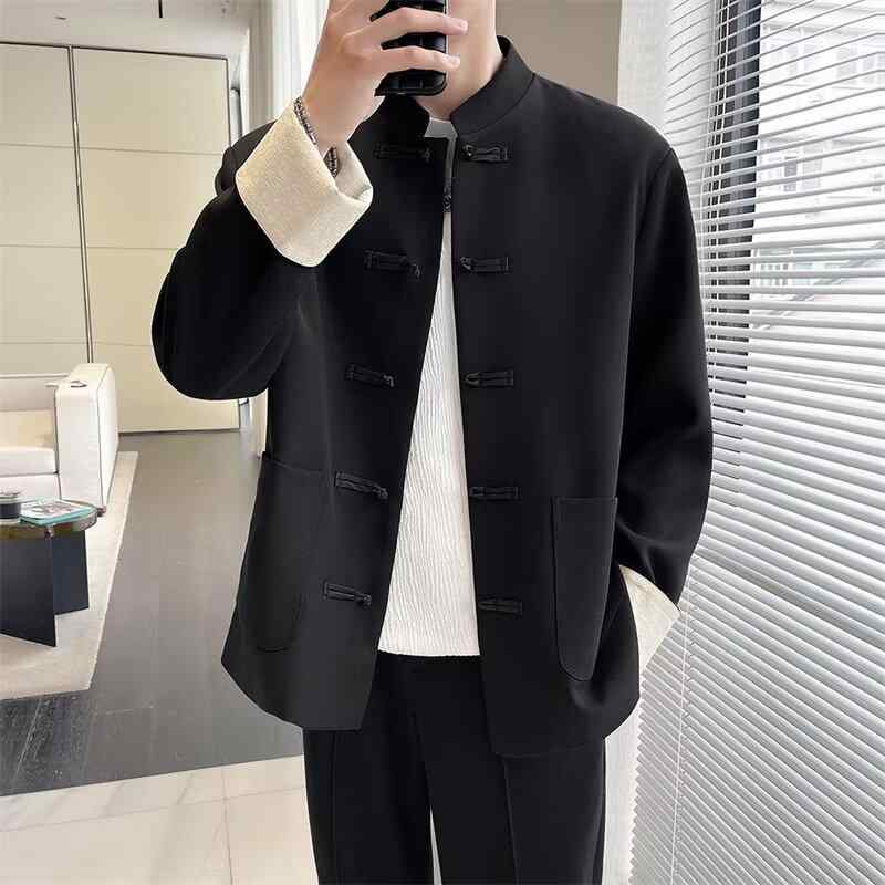 ジャケット 男性用 唐装 ポリエステル 繊維混紡 チャイナ風 スタンドカラー ブルゾン レトロ スタイル 普段使い