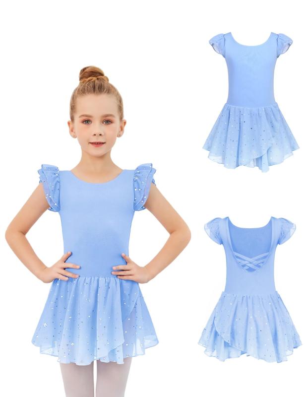 [] バレエ レオタード 子供 肩フリル袖 バレエ 衣装 クリスクロスバック シフォンスカート付き 綿生地 無地 ダンススカート ジュニア キッズ 新体操 体操服 レッスン 教室 練習着 発表