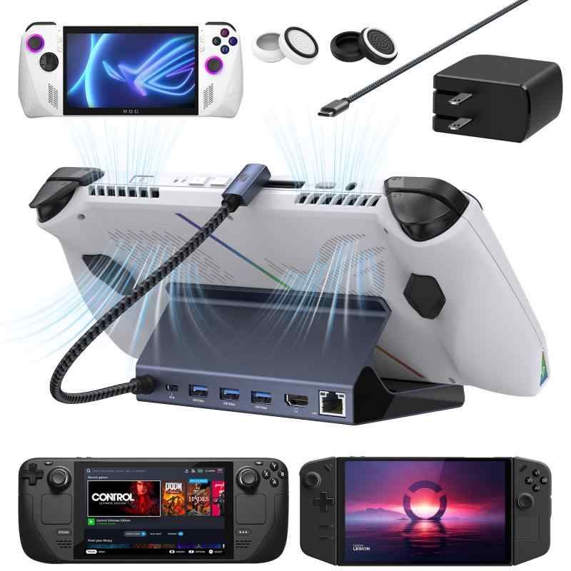 ROG Ally Dock、Steam DeckおよびROG Alloy向けの6-in-1ハブドッキングステーション。HDMI 2.0 4K@60Hz、ギガビットイーサネット、USB-A 3.0ポート3つ、および100W充電USB-Cポートを搭載。Va