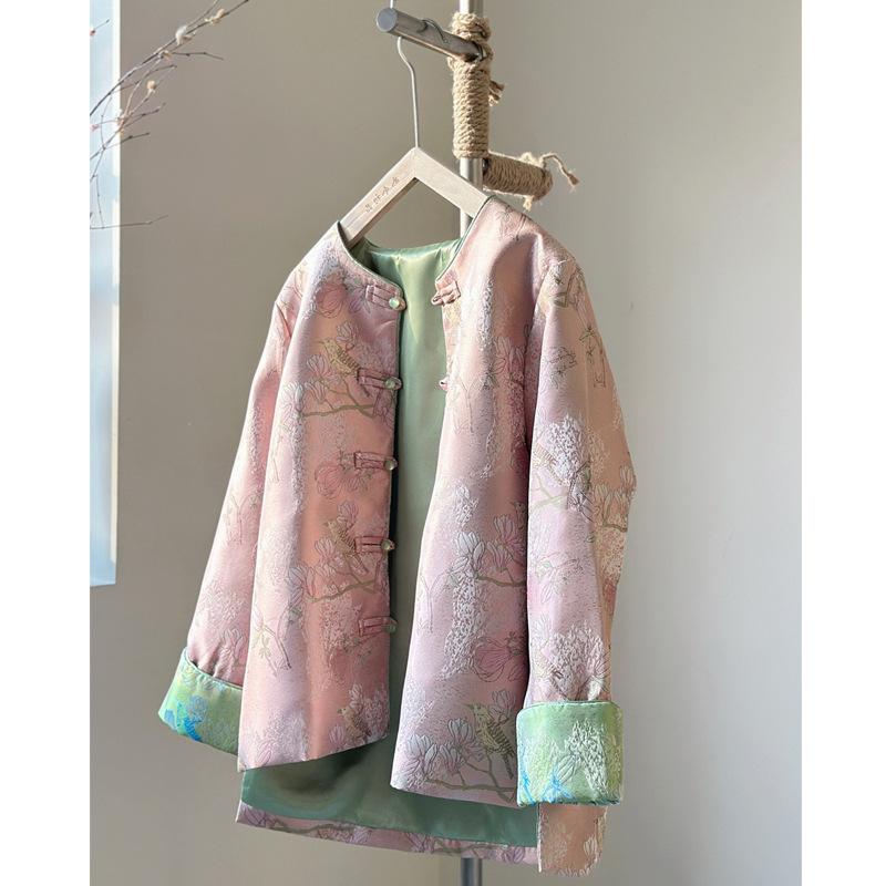 トップス レディース チャイナ風 ポリエステル プリント柄 長袖 ショート丈 ラウンドネック レトロ 薄手 桃色 ピンク系 S M L XL ゆっ..