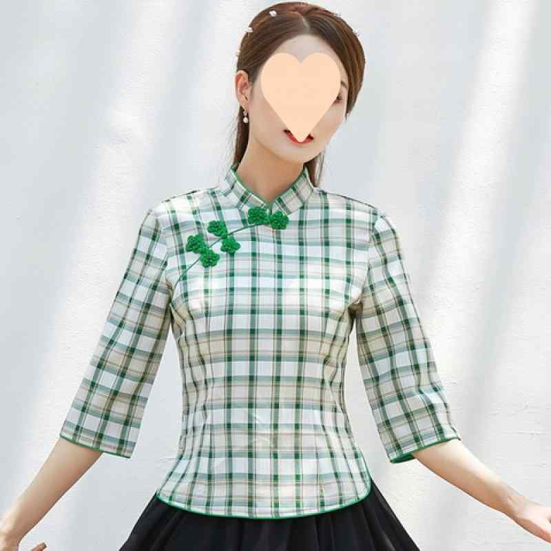 チャイナドレス レディース 格子柄 トップス 春夏 セットアップ 唐装風 上下2点セット 改良版 S M L XL 2XL 3XL 4XL コットン