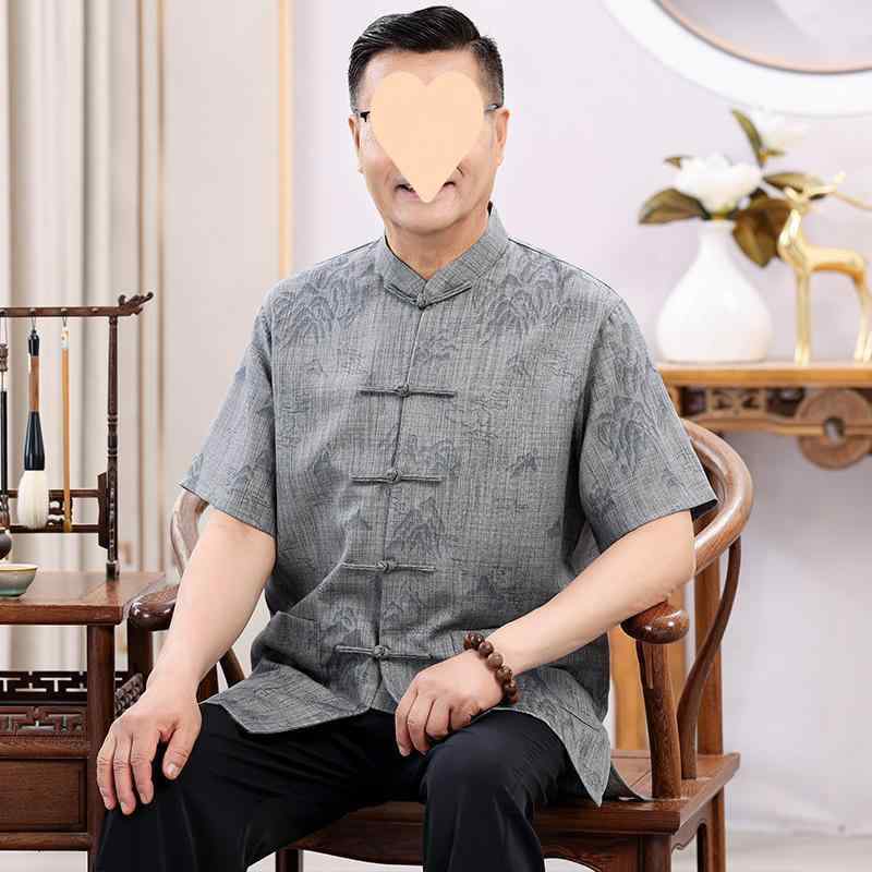 トップス 男性用 中老年向け 唐装 半袖 綿麻 中国風 70代 普段使い 薄手 夏服 涼しい カットソー 深灰色 浅灰色 米黄色 紺色