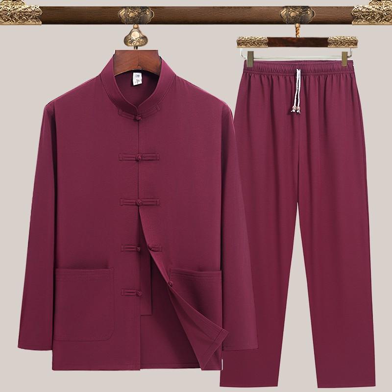 セットアップ メンズ 男性用 漢服風 綿麻 中国風 長袖 シニア 高齢者向け 普段使い 部屋着 グレー 紫 レッド ネイビー