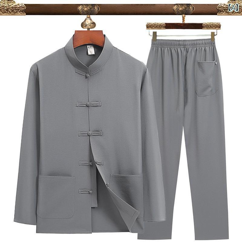セットアップ メンズ 男性用 漢服風 綿麻 中国風 長袖 シニア 高齢者向け 普段使い 部屋着 グレー 紫 レッド ネイビー