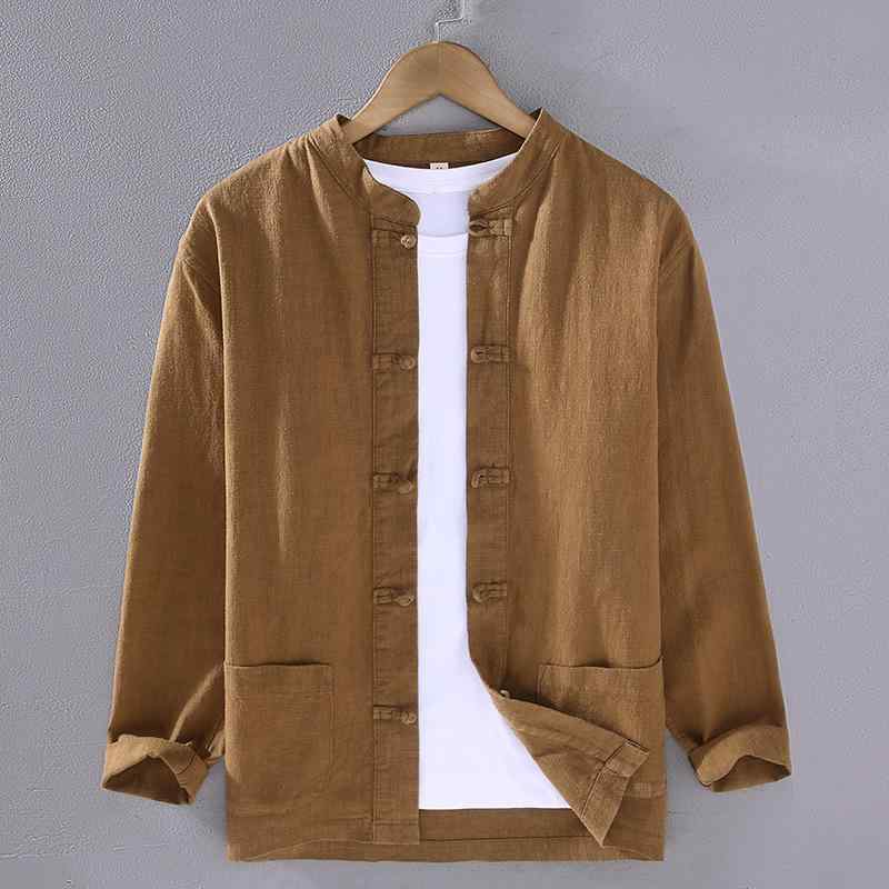 シャツ 男性用 綿麻 チャイナ風 長袖 トップス 中国風 ポケット付き 太極拳 禅修 ティーウェア ブラック グレー ホワイト ネイビー ベージュ M L XL 2XL 3XL 春秋