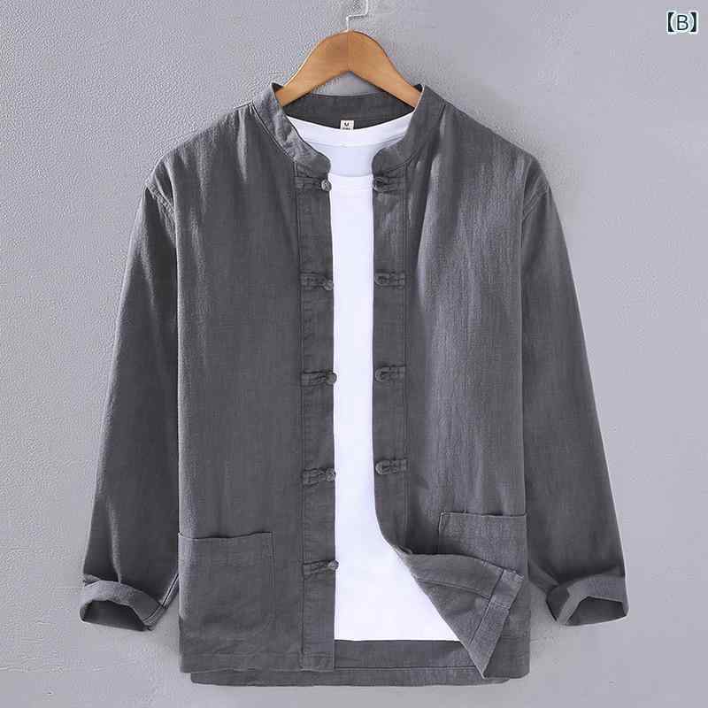 シャツ 男性用 綿麻 チャイナ風 長袖 トップス 中国風 ポケット付き 太極拳 禅修 ティーウェア ブラック グレー ホワイト ネイビー ベージュ M L XL 2XL 3XL 春秋