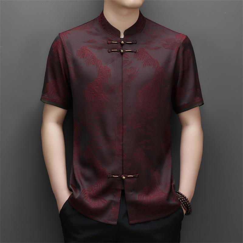 シャツ 男性用 チャイナ風 桑蚕丝 シルク混紡 トップス 中華風 レトロ ボタン留め 半袖 父の日 プレゼント レッド ブルー ブラウン 170 175 180 185 190 195