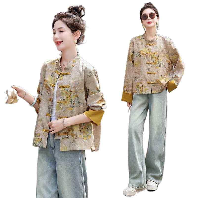 チャイナジャケット レディース シルク 唐装風 トップス アウター エッグイエロー 紫 婦人服 長袖 ラウ..