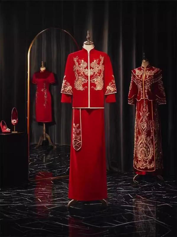 メンズ チャイナ風 ジャケット 赤色 ベルベット 唐装 中華風 ウェディング 結婚式 礼服 スーツ