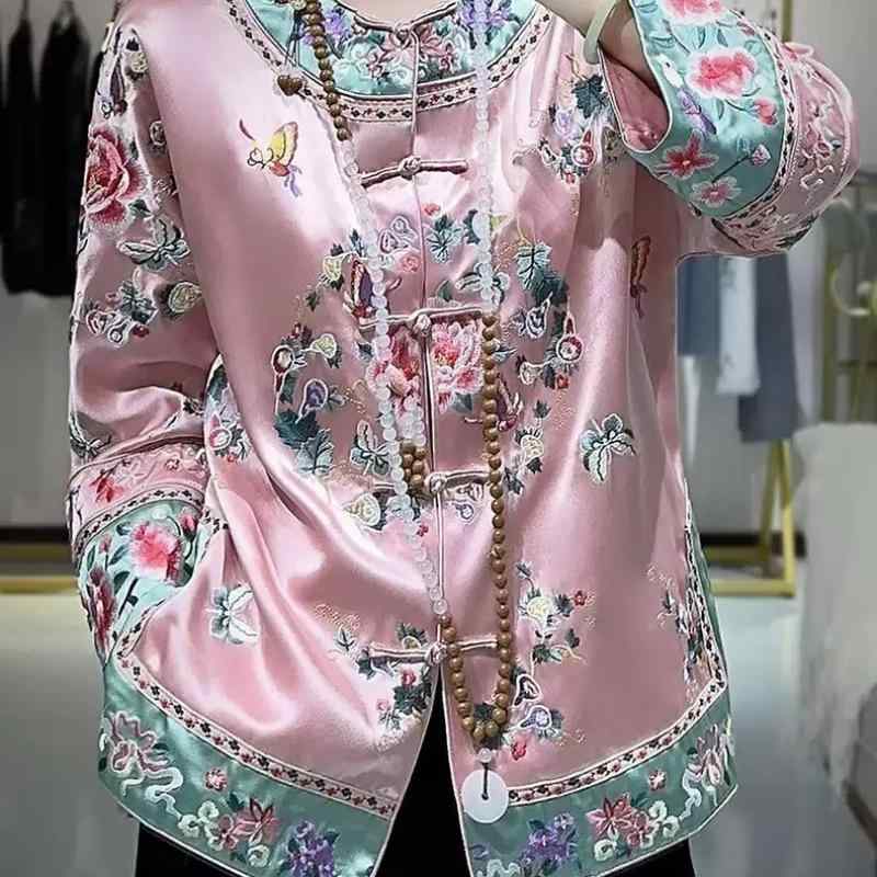 トップス レディース チャイナドレス風 唐装 刺繍 漢服風 ジャケット ブラウス アクリル ピンク系