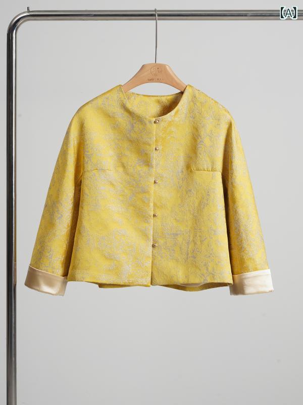 ジャケット レディース 高級感 イエロー 唐装 ポリエステル チャイナ風 トップス ラウンドネック 提花（ジャカード） アウター S M L XL