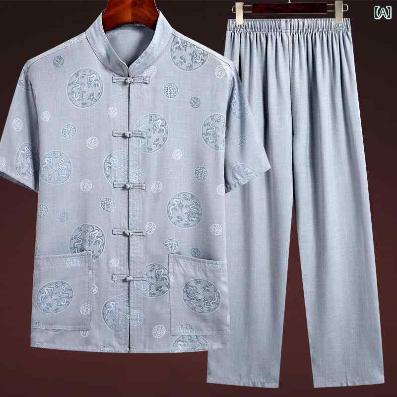 シャツ メンズ 男性用 綿麻 半袖 長袖 上下セット 中国風 唐装 普段使い 部屋着 ルームウェア パジャマ 高齢者 介護用 父 祖父 プレゼント