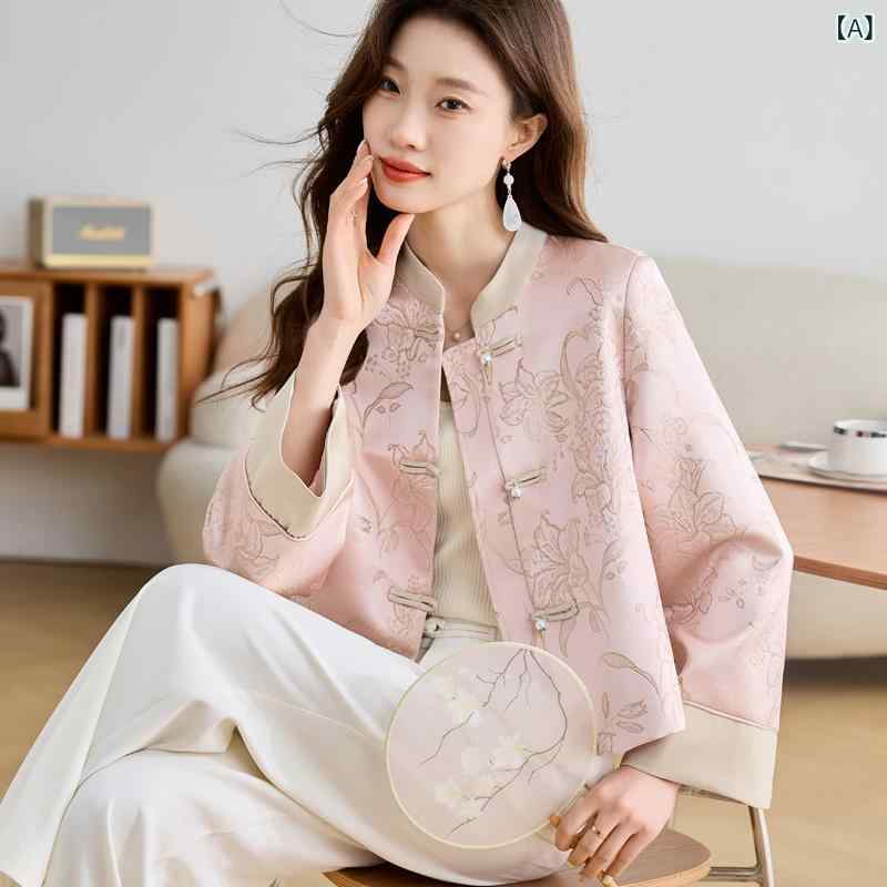 ジャケット レディース 唐装 刺繍入り ショート丈 ポリエステル カーディガン 小柄 ミディアム丈 エレガント ピンク系 アイボリー