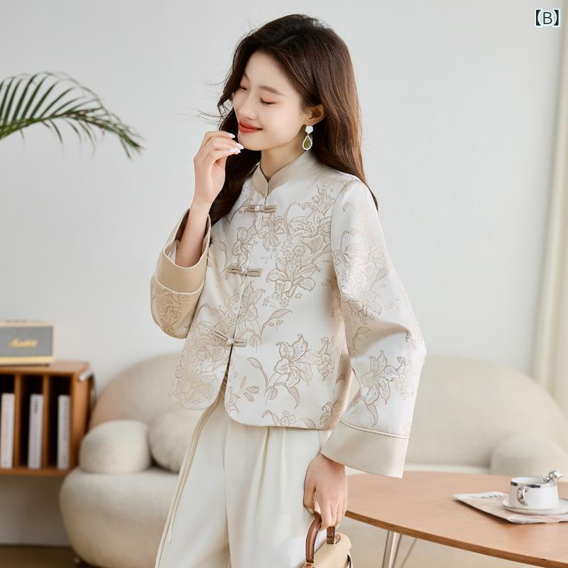 ジャケット レディース 唐装 刺繍入り ショート丈 ポリエステル カーディガン 小柄 ミディアム丈 エレガント ピンク系 アイボリー