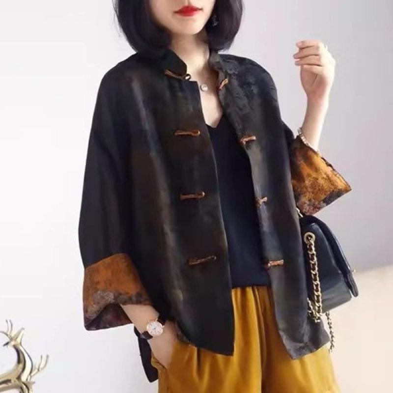 トップス レディース 唐装 チャイナ風 シャツ ブラウス レトロ 提花 香云紗風 エスニック アクリル ブラック 大きいサイズ 通勤