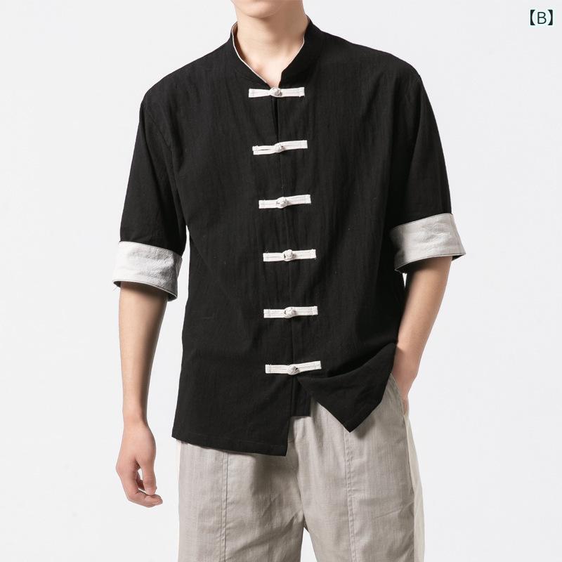 シャツ 男性用 チャイナ風 リネン混紡 半袖 トップス 大きいサイズ 麻 混紡 中国風 普段使い グレー ブラック グリーン ブルー