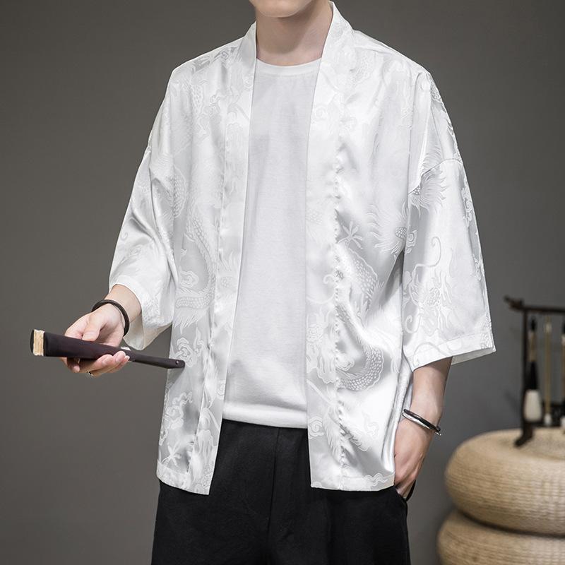 カーディガン メンズ 男性用 接触冷感 部屋着 羽織り ポリエステル 中国風 チャイナスタイル 龍 和柄 ブラック 黒 ホワイト 白 M L XL 2XL 3XL 4XL 5XL