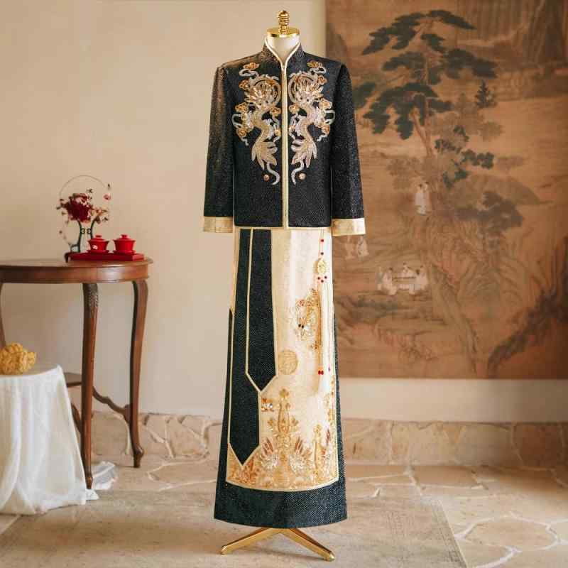 メンズ チャイナドレス 男性用 漢服 結婚式 新郎 礼服 敬酒服 ドラゴン刺繍 ポリエステル ブラック ゴールド 春夏