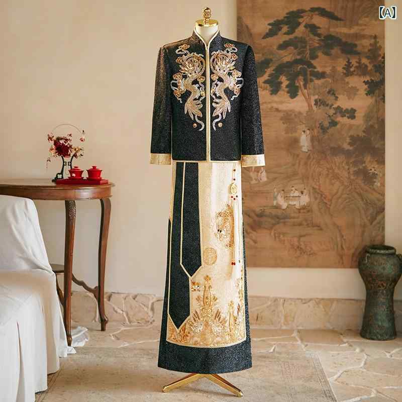 メンズ チャイナドレス 男性用 漢服 結婚式 新郎 礼服 敬酒服 ドラゴン刺繍 ポリエステル ブラック ゴールド 春夏