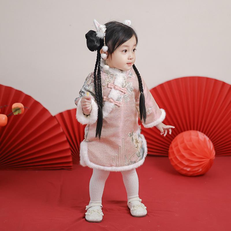 チャイナドレス キッズ 女の子 子供 裏起毛 梅柄 チャイナ風 ワンピース 秋冬 73CM 80cm 90cm 100cm 11..