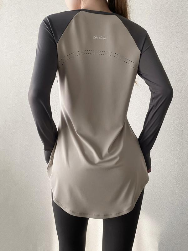 Tシャツ レディース 春夏 ピラティス ヨガ トレーニング スポーツ ランニング 速乾 吸汗 通気性 長袖 ミドル丈 ヒップカバー 配色 バイカラー カットソー プルオーバー 普段使い