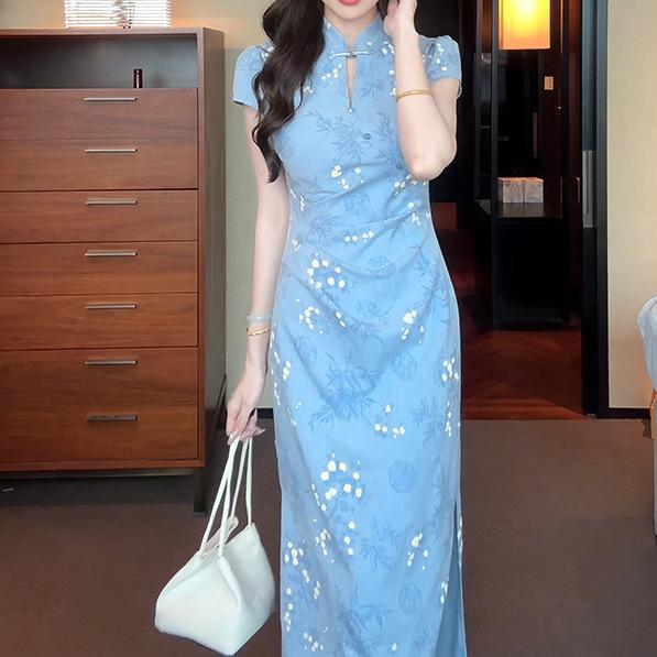 ワンピース レディース チャイナドレス ひざ下丈 ポリエステル 高腰ワンピース 半袖 立襟 無地 提花 織柄 春夏 エレガント レトロ 鵝黄..