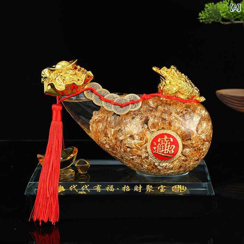 風水置物 白水晶 金箔 財運袋 金運招福 開運 幸運 ラッキーアイテム 縁起物 玄関 リビング デスク オフィス 家庭用 インテリア オブジェ ゴールド