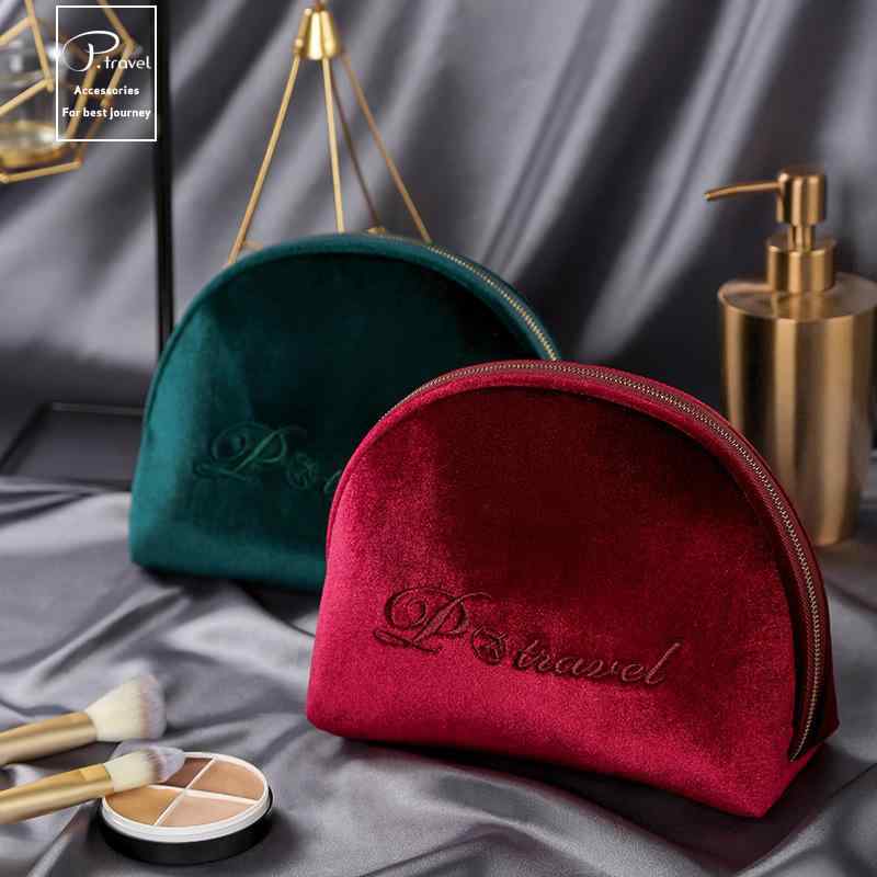 旅行用ポーチ レディース ベルベット 刺繍 化粧ポーチ コスメ収納 巾着 大容量 グリーン グレー ワイン..