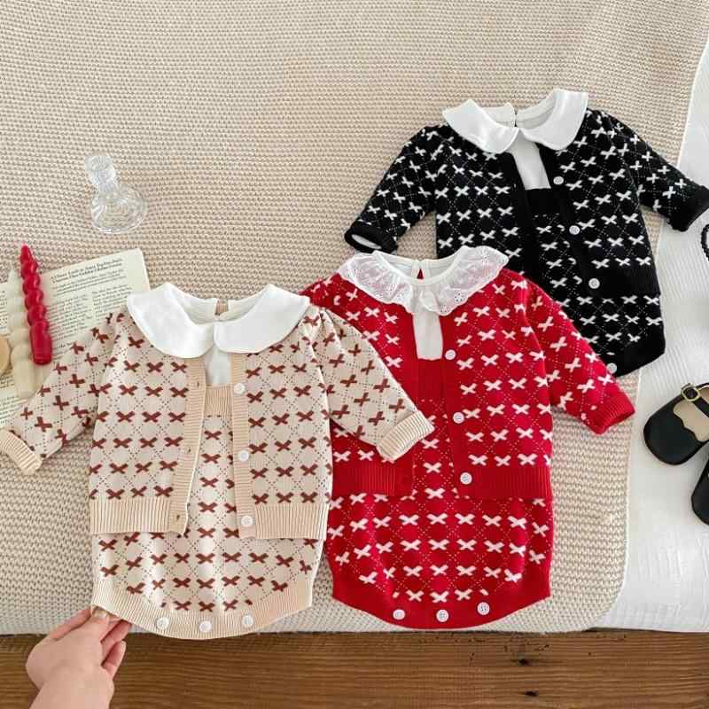 ニット ベビー 子供服 秋冬 セットアップ リボン 長袖 カーディガン ロンパース サロペット 柔らかい ..