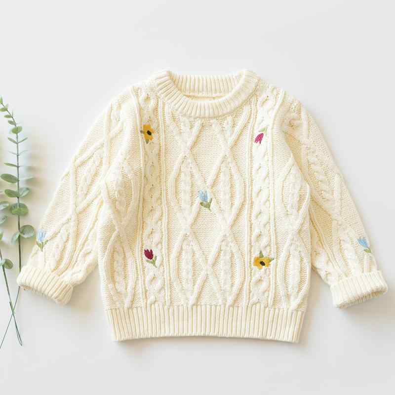 ニット 女の子 ガールズ キッズ プルオーバー セーター クルーネック 丸首 長袖 ケーブル編み ボーダー..