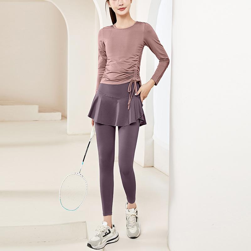 ヨガウェア レディース フェイクツーピース 長袖トップス スカート付きレギンス ランニング フィットネ..