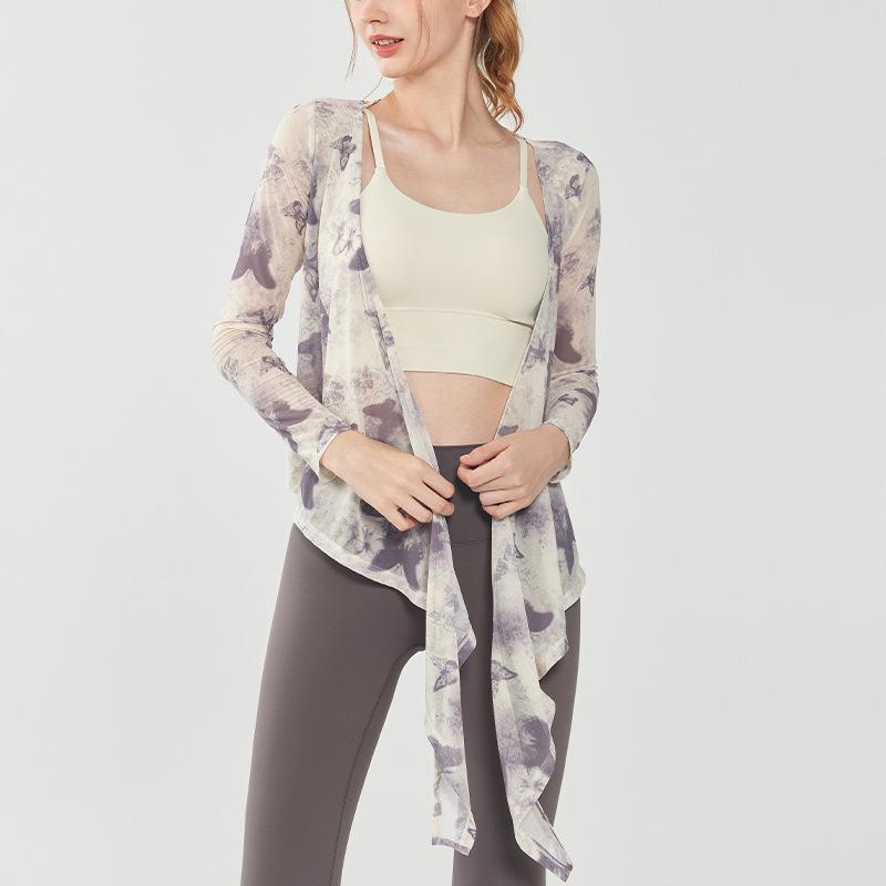 ヨガウェア レディース バタフライ柄 メッシュ 通気性 吸湿速乾 長袖 カバーアップ カーディガン ゆったり トップス ピラティス トレーニング スポーツ フィットネス ジム ワークアウト 普段使い