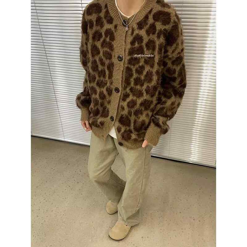 カーディガン レディース ヒョウ柄 ニットセーター 長袖 ゆったり ルーズフィット クルーネック 高級感..