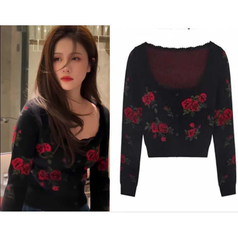 トップス レディース レトロ スクエアネック ローズ柄 ショート丈 スリムフィット パフスリーブ 長袖 ニットカーディガン 薄手 フェミニン きれいめ 春夏秋 普段使い お出かけ