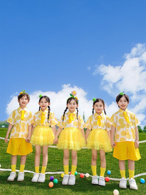 ダンスウェア キッズ 女の子 発表会 舞台 衣装 チアリーダー 応援団 コスチューム ふんわり ボリューム チュールスカート セットアップ イエロー 黄色 さわやか ソフトな肌触り ポリエステル