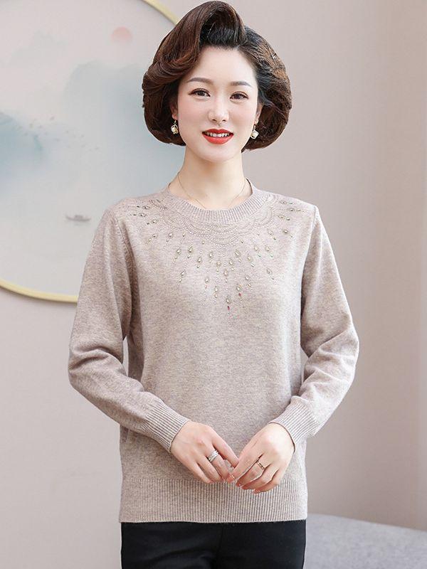 セーター ミセス ママ 女性用 中高年 春秋 ニット トップス カットソー ラインストーン 長袖 クルーネ..